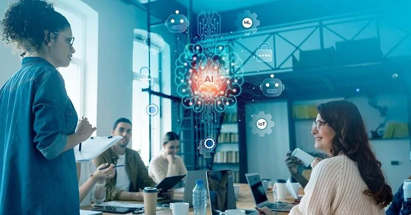 A team in a modern office discusses artificial intelligence, with digital icons representing AI.
