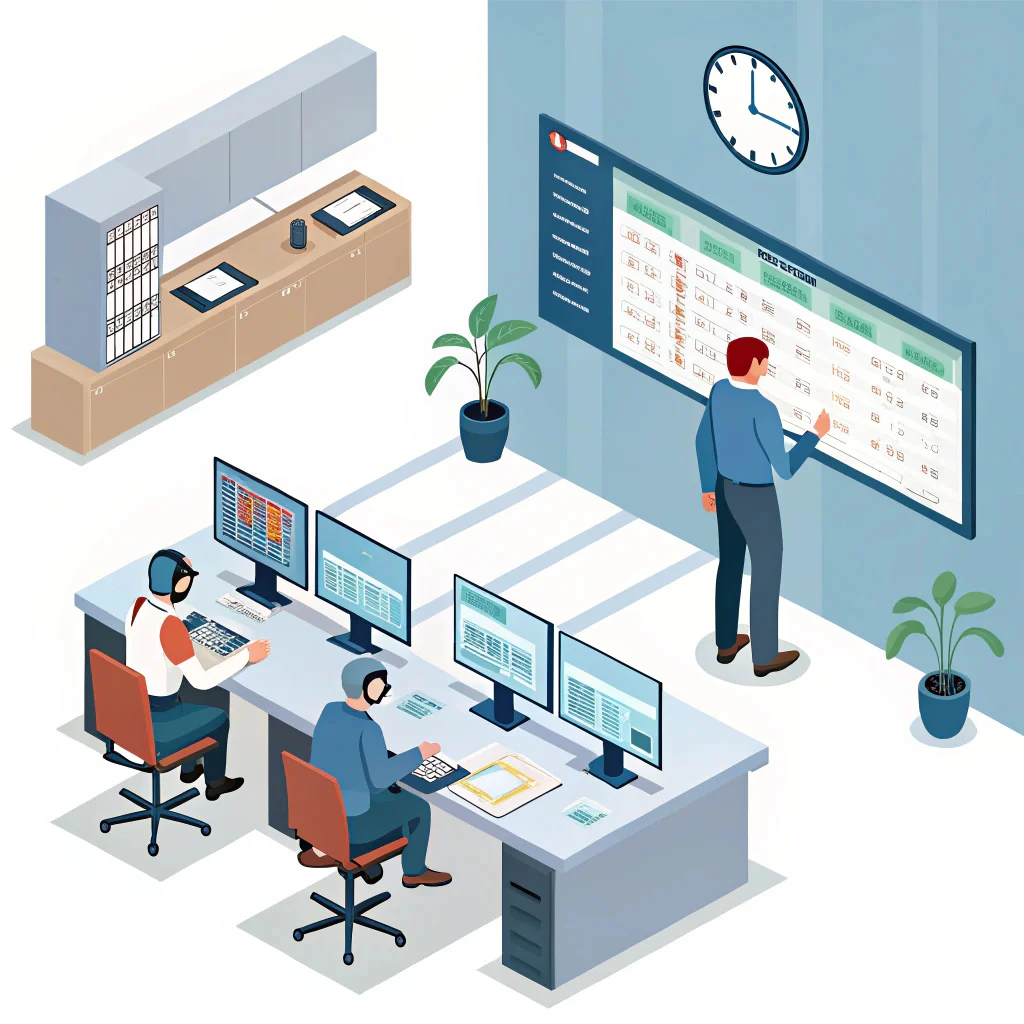 A modern control room with two operators at computers.